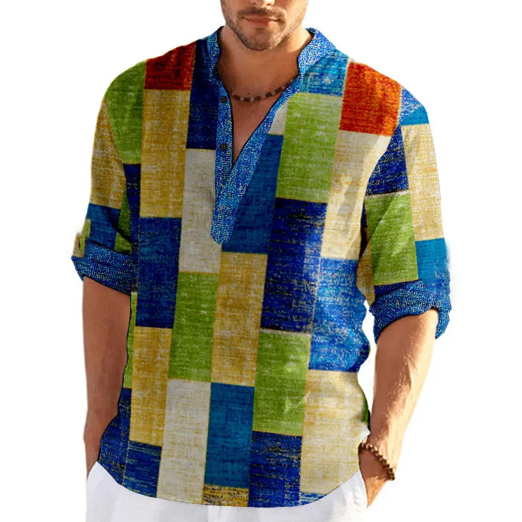 Men's Patchwork Plaid Shirt - Mandarin Collar Button Top