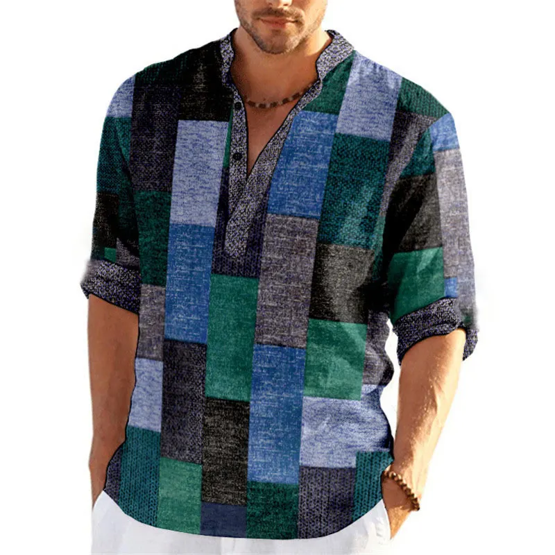 Men's Patchwork Plaid Shirt - Mandarin Collar Button Top
