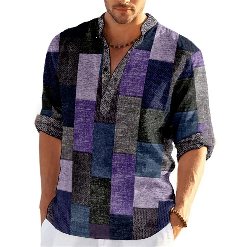 Men's Patchwork Plaid Shirt - Mandarin Collar Button Top