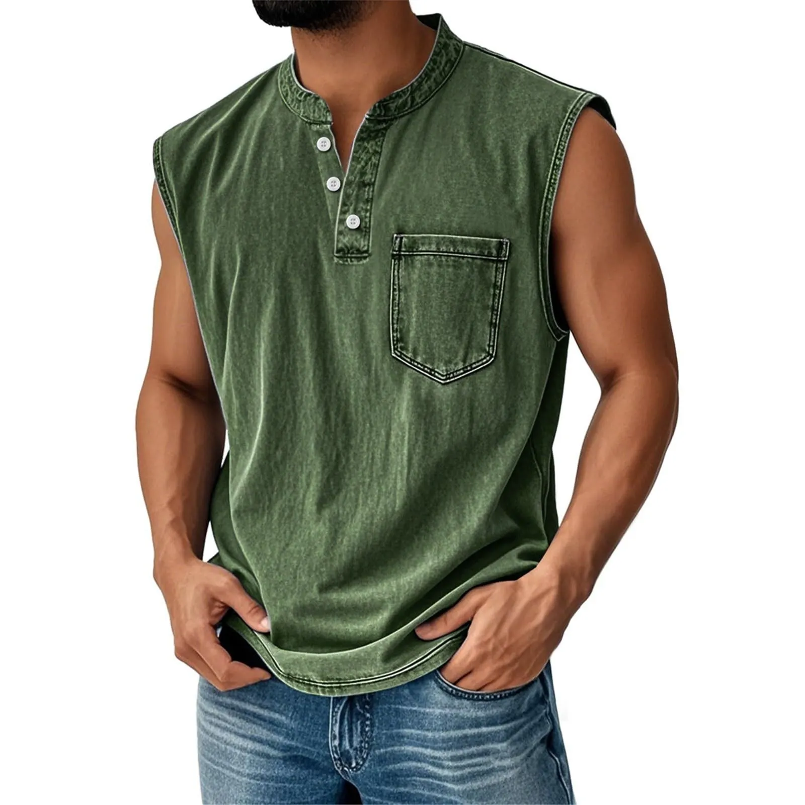 Men Stand Collar Henley Sleeveless Tank Top