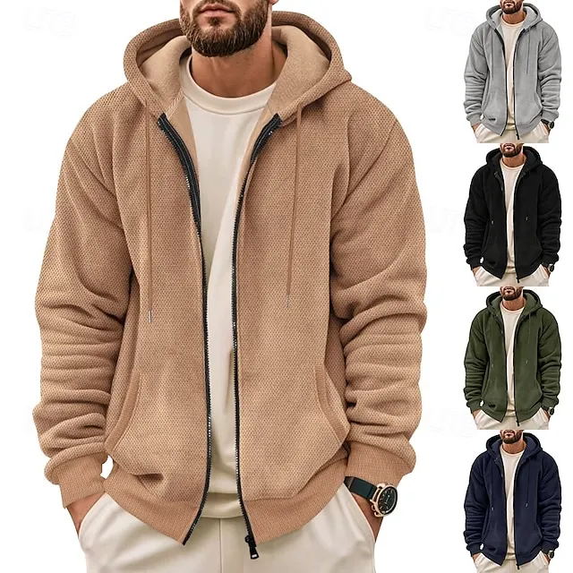 Men's Waffle Hoodies Zip Up Hoodie Hoodie Fleece Hoodie Hooded Plain Pocket Sports & Outdoor Daily Holiday Streetwear Basic Casual Fall 