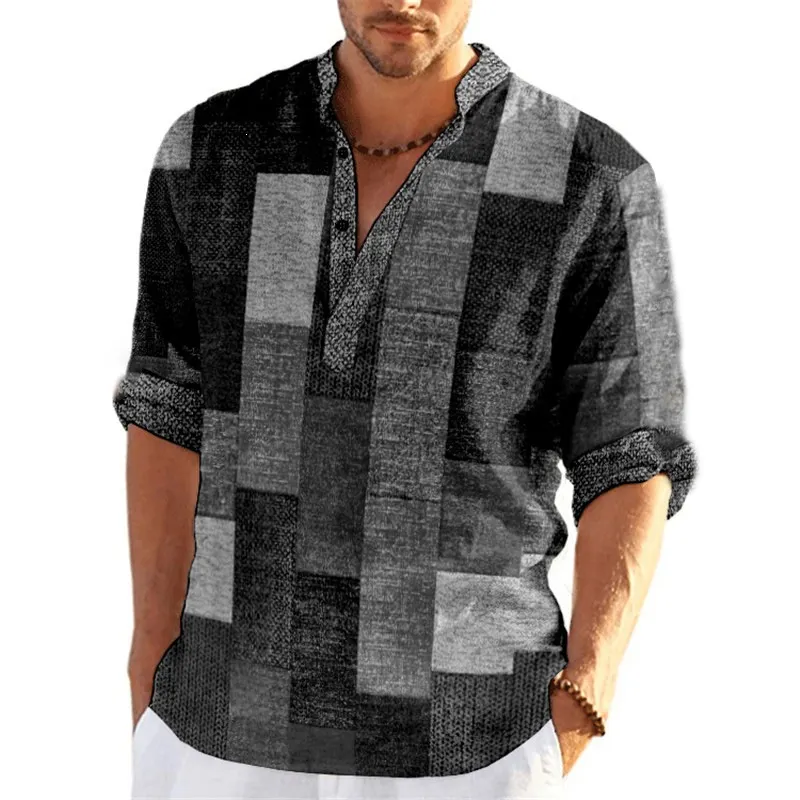 Men's Patchwork Plaid Shirt - Mandarin Collar Button Top