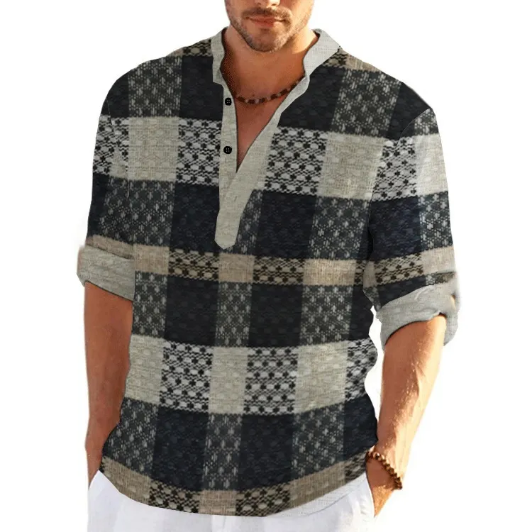 Men's Patchwork Plaid Shirt - Mandarin Collar Button Top