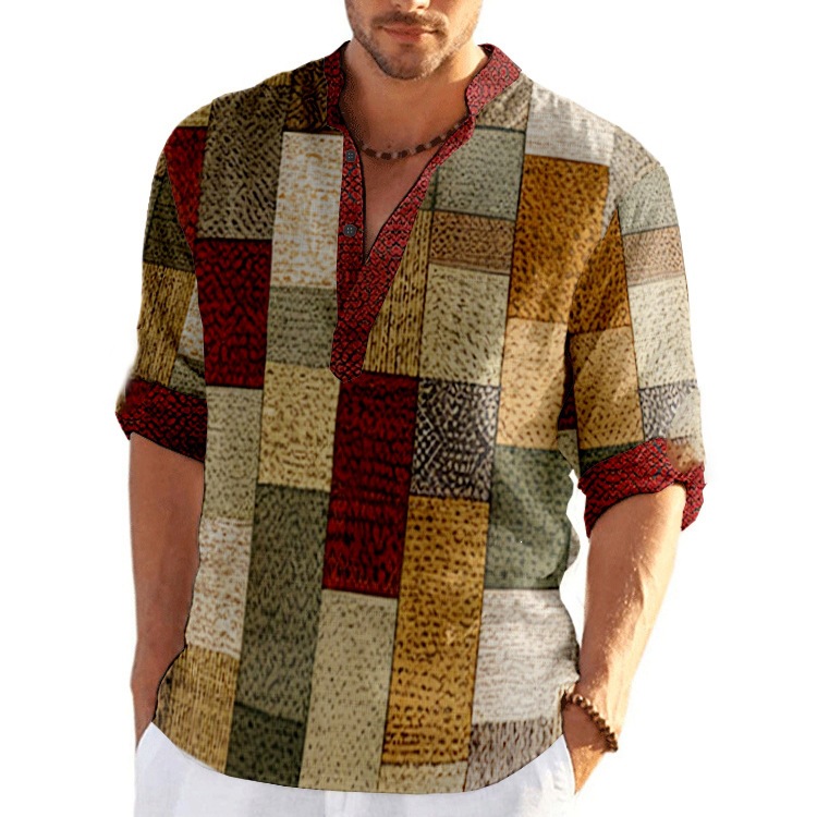 Men's Patchwork Plaid Shirt - Mandarin Collar Button Top