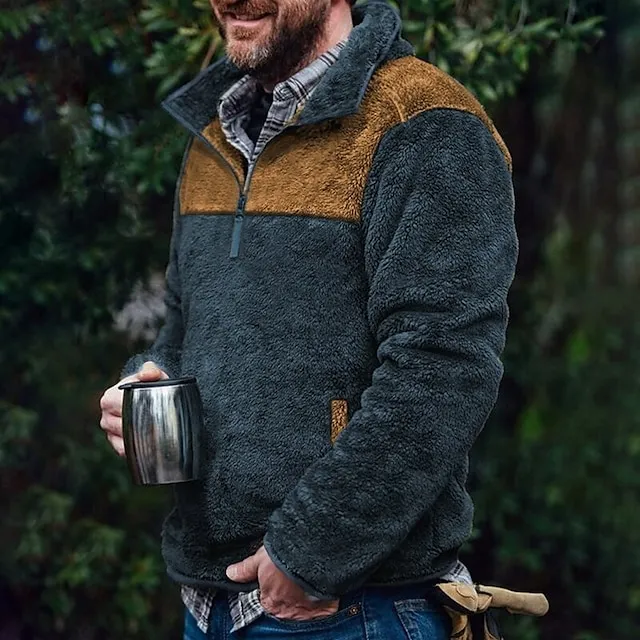 Men's Sweatshirt Polar Fleece Blue Brown Standing Collar Color Block Patchwork Pocket Sports 