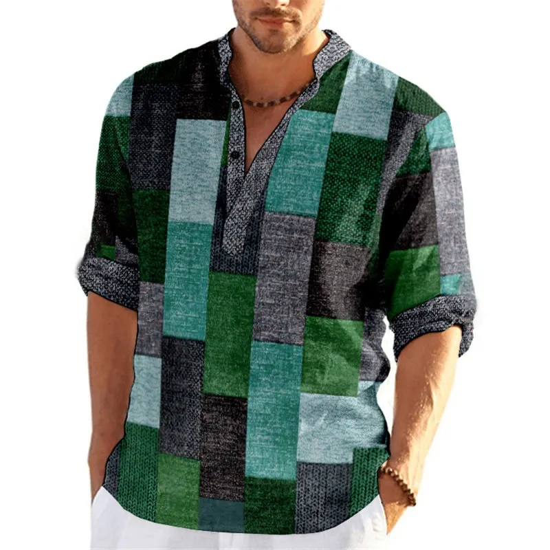 Men's Patchwork Plaid Shirt - Mandarin Collar Button Top