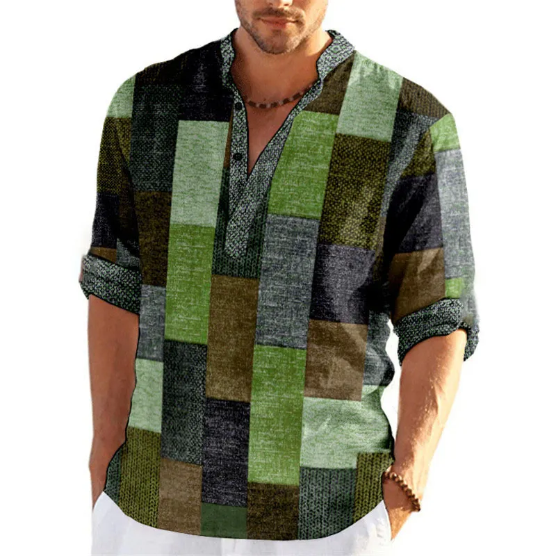 Men's Patchwork Plaid Shirt - Mandarin Collar Button Top