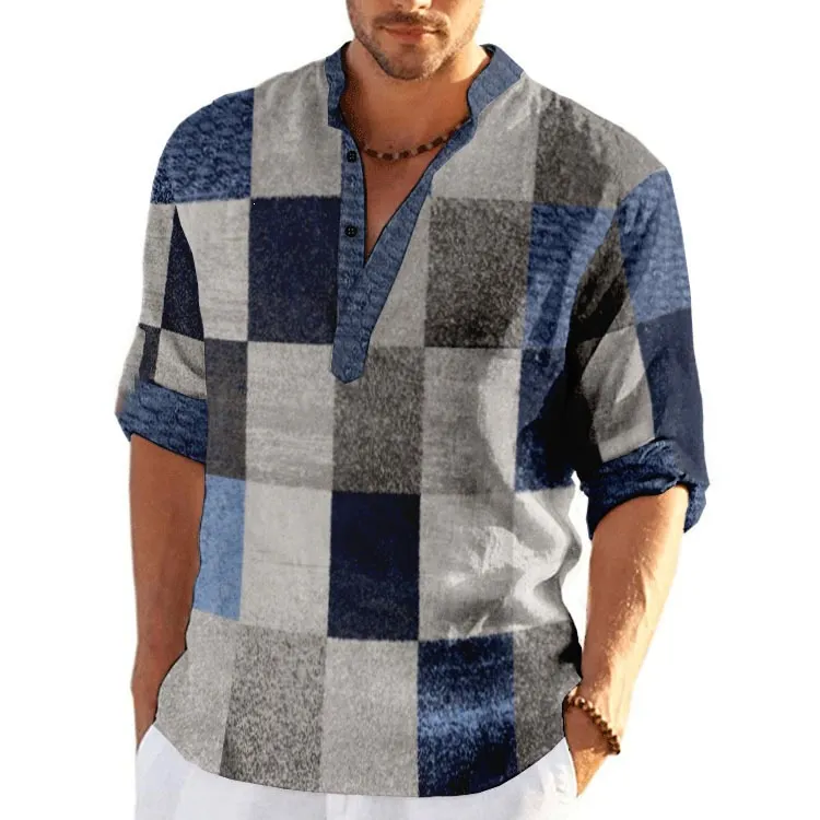 Men's Patchwork Plaid Shirt - Mandarin Collar Button Top