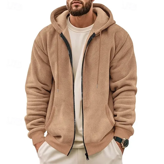 Men's Waffle Hoodies Zip Up Hoodie Hoodie Fleece Hoodie Hooded Plain Pocket Sports & Outdoor Daily Holiday Streetwear Basic Casual Fall 