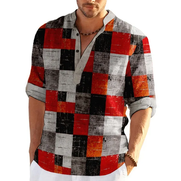 Men's Patchwork Plaid Shirt - Mandarin Collar Button Top