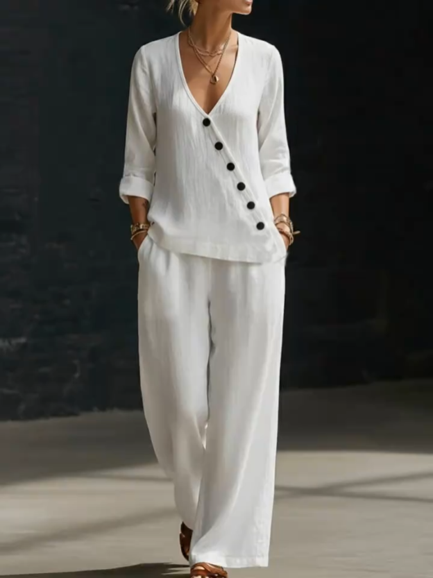 Minimalist V-neck Shirt And Wide-leg Pants Two-piece Set