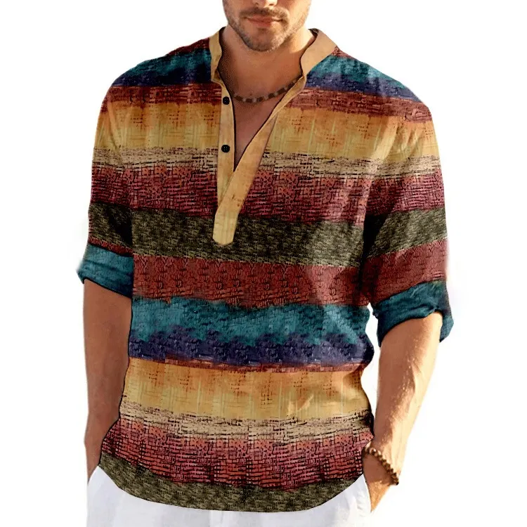 Men's Patchwork Plaid Shirt - Mandarin Collar Button Top