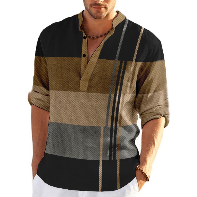 Men's Patchwork Plaid Shirt - Mandarin Collar Button Top
