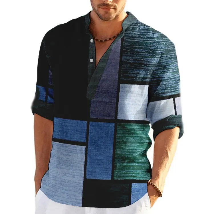 Men's Patchwork Plaid Shirt - Mandarin Collar Button Top