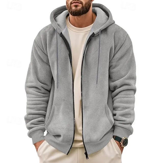 Men's Waffle Hoodies Zip Up Hoodie Hoodie Fleece Hoodie Hooded Plain Pocket Sports & Outdoor Daily Holiday Streetwear Basic Casual Fall 