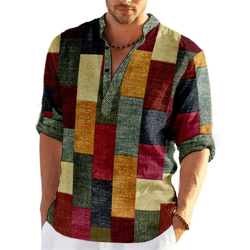 Men's Patchwork Plaid Shirt - Mandarin Collar Button Top