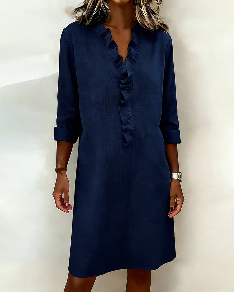 Ruffled V-Neck Solid Color Dress