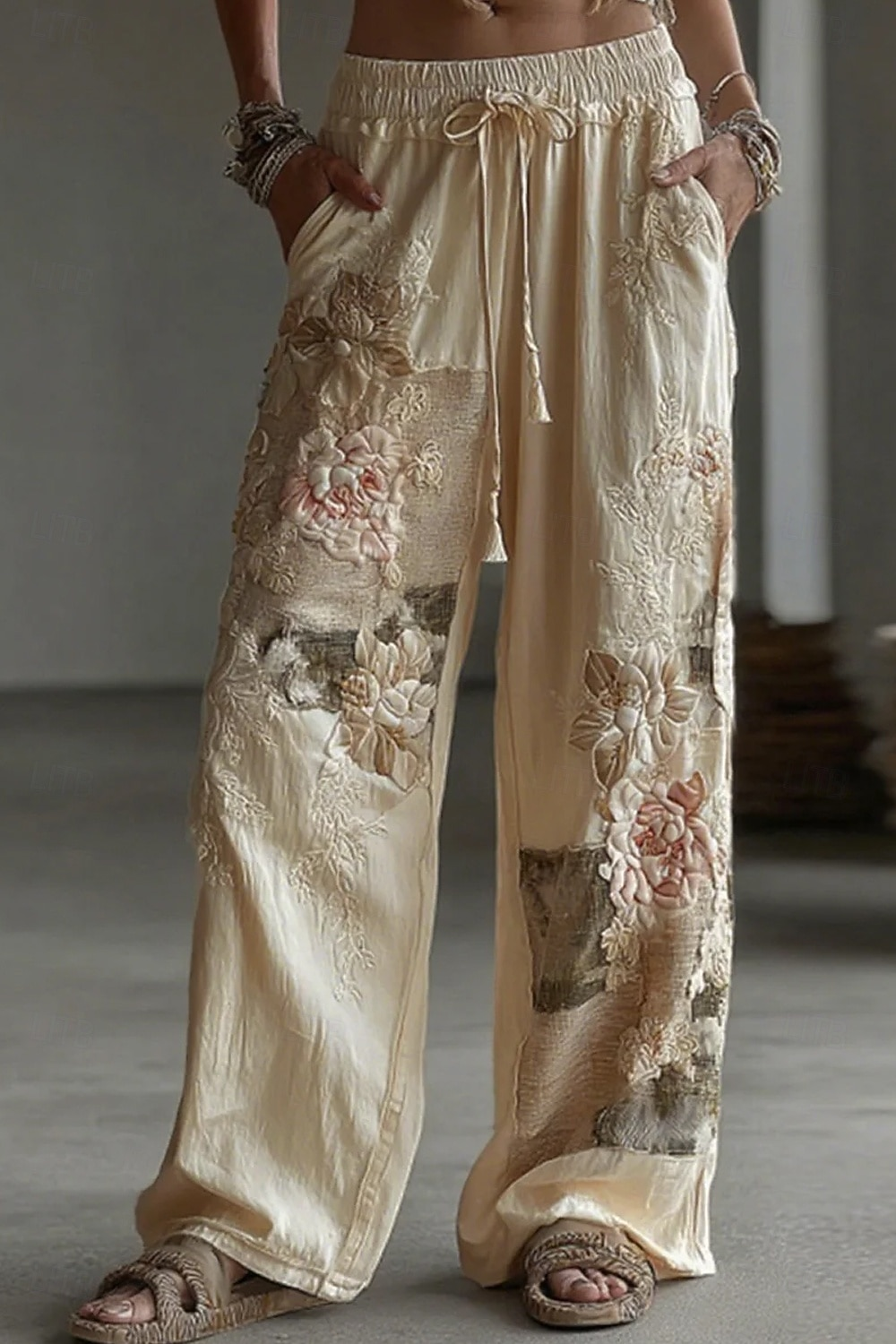 Vintage 3D Floral Printed Straight-Leg Trousers, High Elastic Waist Linen Wide Leg Pants, Elegant Bohemian Casual Women's Long Pants