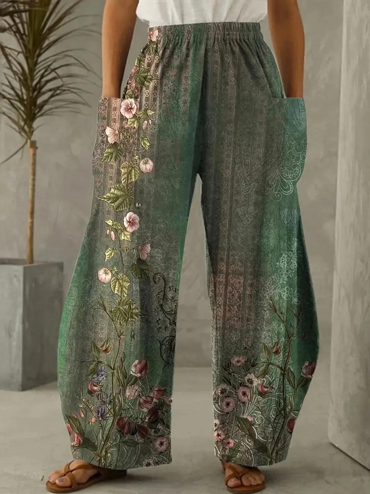 Women's Casual Wide Leg Trousers, Thin Loose Pants With Retro Floral 3D Print