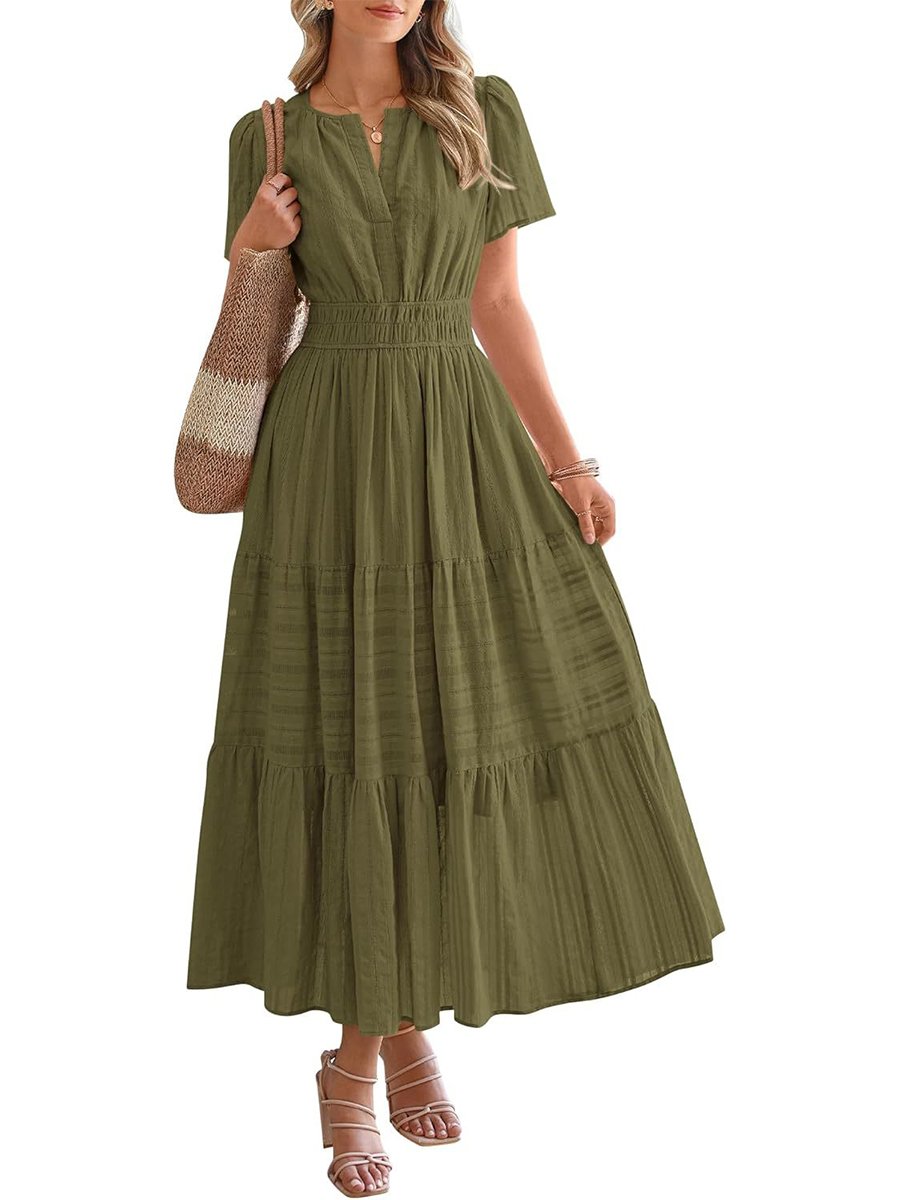 Womens Summer 2026 Casual Midi Maxi Dresses Lightweight Short Sleeve V Neck Elastic Waist Boho Beach Dress Pockets