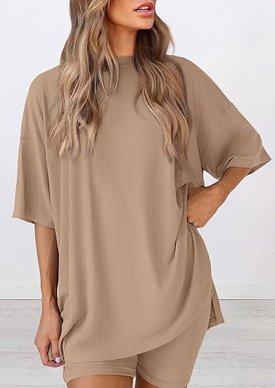 PRETTYGARDEN Women's Two Piece Lounge Set Summer Casual Oversized Shirts Biker Shorts Matching Airport Travel Outfit