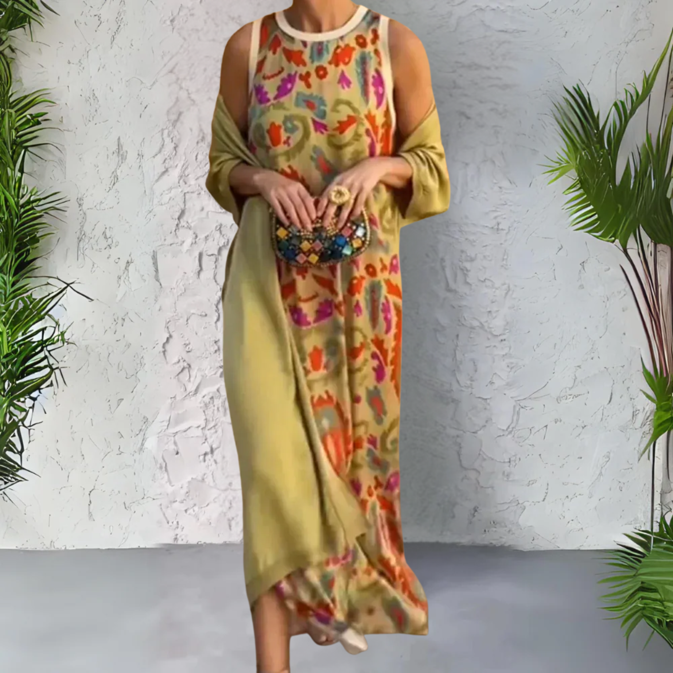Vintage Printed Two Piece Maxi Dress, Women Sleeveless Long Dress with Matching Lightweight Cardigan