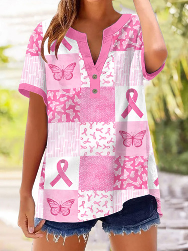 2026 Casual Short-Sleeved Women'S Summer Printed V-Neck Pullover 25-Year European And American Cross-Border New Style