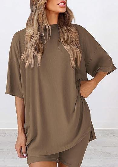 PRETTYGARDEN Women's Two Piece Lounge Set Summer Casual Oversized Shirts Biker Shorts Matching Airport Travel Outfit