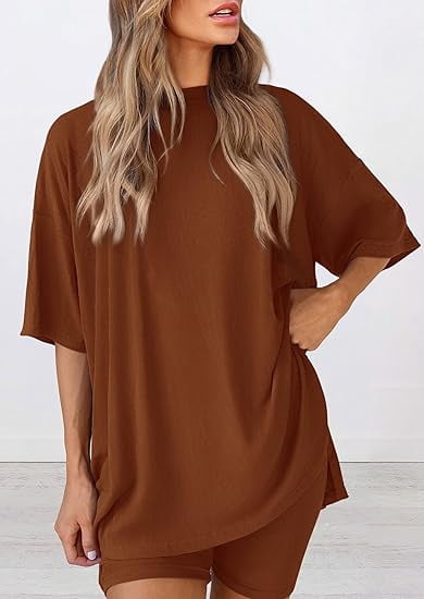 PRETTYGARDEN Women's Two Piece Lounge Set Summer Casual Oversized Shirts Biker Shorts Matching Airport Travel Outfit