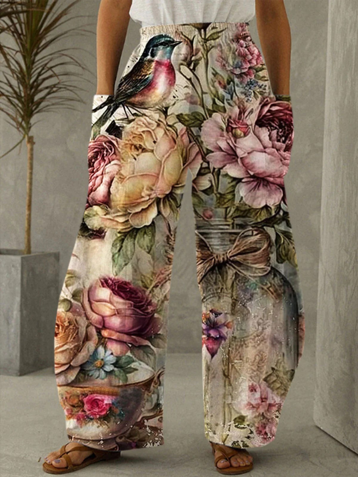 Women's Casual Wide Leg Trousers, Thin Loose Pants With Retro Floral 3D Print