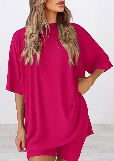 PRETTYGARDEN Women's Two Piece Lounge Set Summer Casual Oversized Shirts Biker Shorts Matching Airport Travel Outfit