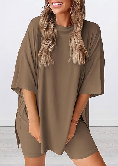 PRETTYGARDEN Women's Two Piece Lounge Set Summer Casual Oversized Shirts Biker Shorts Matching Airport Travel Outfit