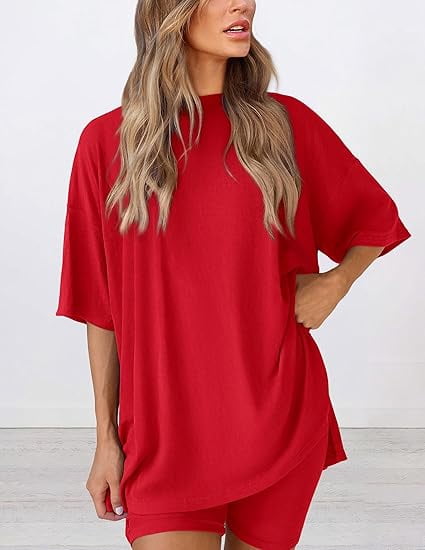 PRETTYGARDEN Women's Two Piece Lounge Set Summer Casual Oversized Shirts Biker Shorts Matching Airport Travel Outfit