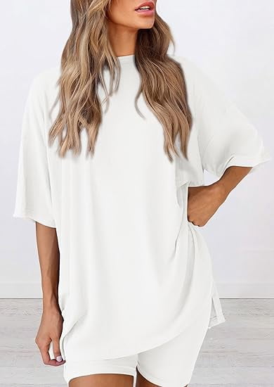 PRETTYGARDEN Women's Two Piece Lounge Set Summer Casual Oversized Shirts Biker Shorts Matching Airport Travel Outfit