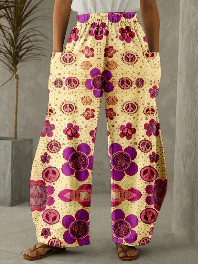 Women's Casual Wide Leg Trousers, Thin Loose Pants With Retro Floral 3D Print