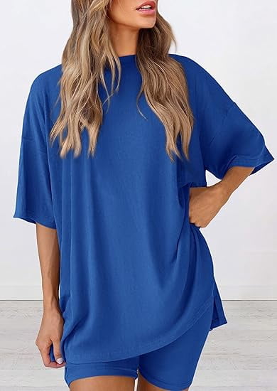 PRETTYGARDEN Women's Two Piece Lounge Set Summer Casual Oversized Shirts Biker Shorts Matching Airport Travel Outfit