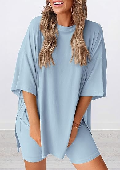 PRETTYGARDEN Women's Two Piece Lounge Set Summer Casual Oversized Shirts Biker Shorts Matching Airport Travel Outfit
