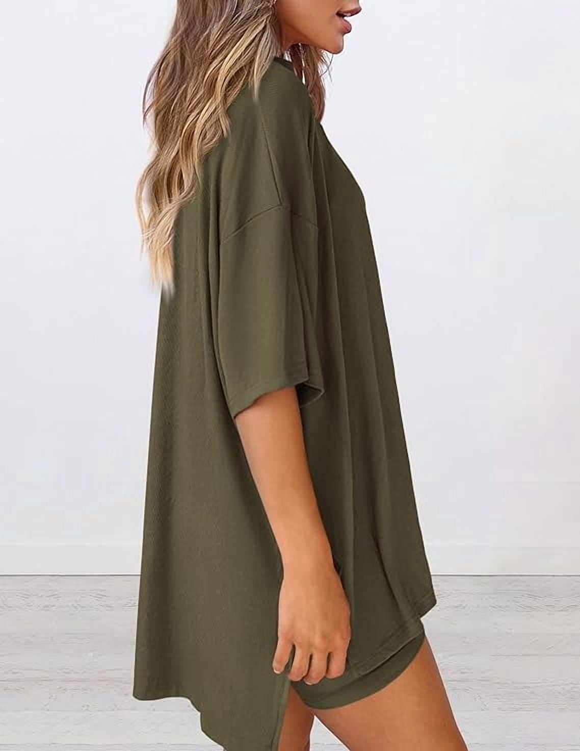 PRETTYGARDEN Women's Two Piece Lounge Set Summer Casual Oversized Shirts Biker Shorts Matching Airport Travel Outfit