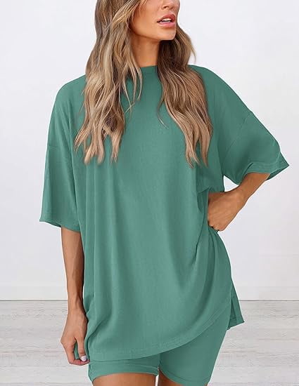 PRETTYGARDEN Women's Two Piece Lounge Set Summer Casual Oversized Shirts Biker Shorts Matching Airport Travel Outfit