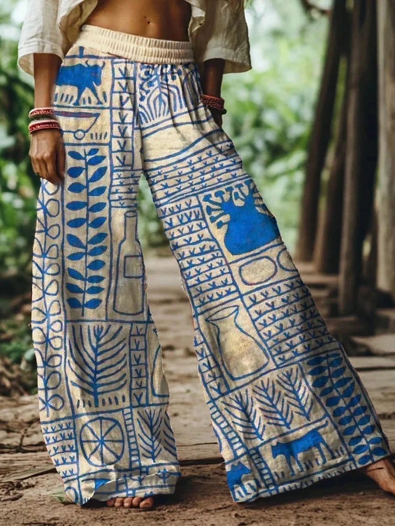Bohemian Floral Wide Leg Pants, Draped Printed Trousers, Vacation Style Loose Straight Casual Pants
