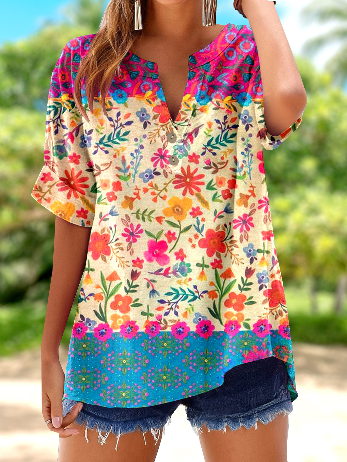 2026 Casual Short-Sleeved Women'S Summer Printed V-Neck Pullover 25-Year European And American Cross-Border New Style
