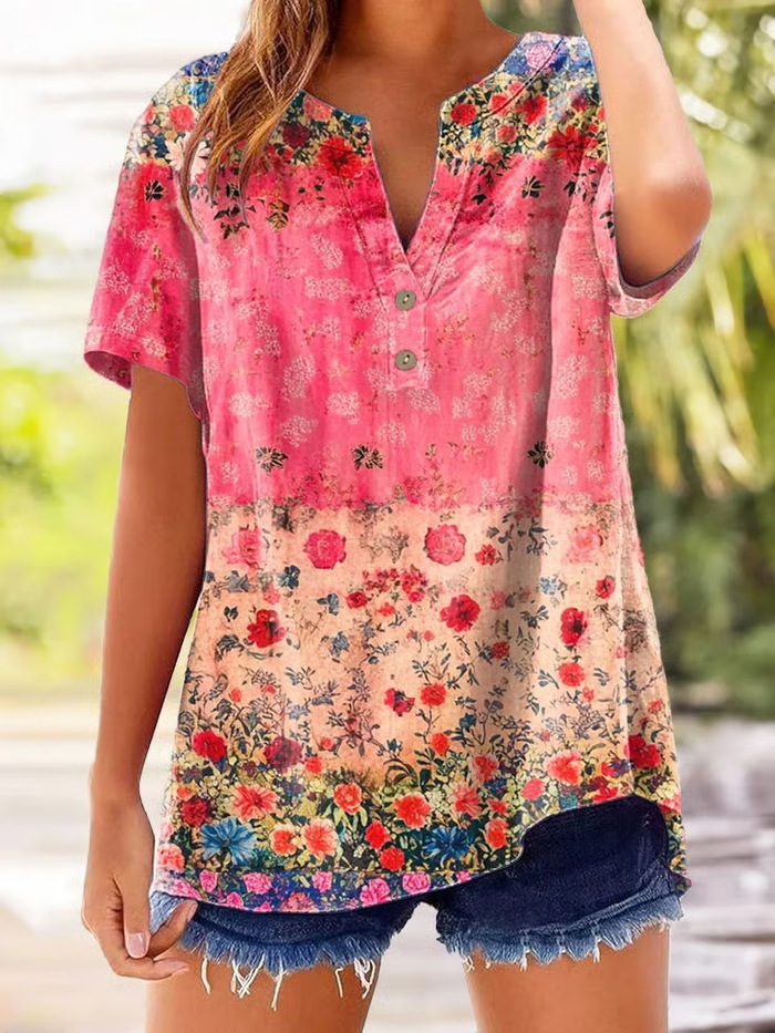 2026 Casual Short-Sleeved Women'S Summer Printed V-Neck Pullover 25-Year European And American Cross-Border New Style