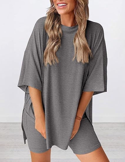 PRETTYGARDEN Women's Two Piece Lounge Set Summer Casual Oversized Shirts Biker Shorts Matching Airport Travel Outfit