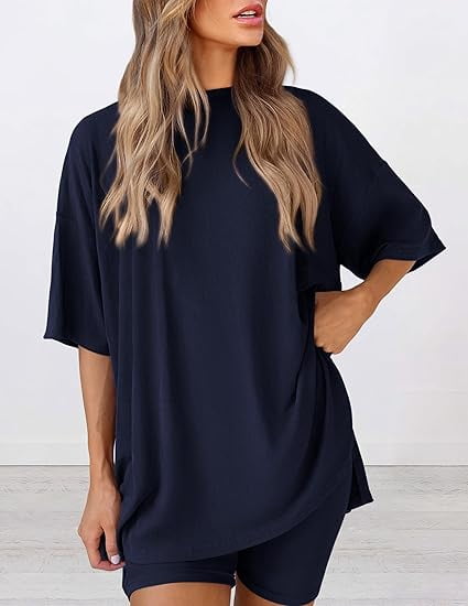 PRETTYGARDEN Women's Two Piece Lounge Set Summer Casual Oversized Shirts Biker Shorts Matching Airport Travel Outfit