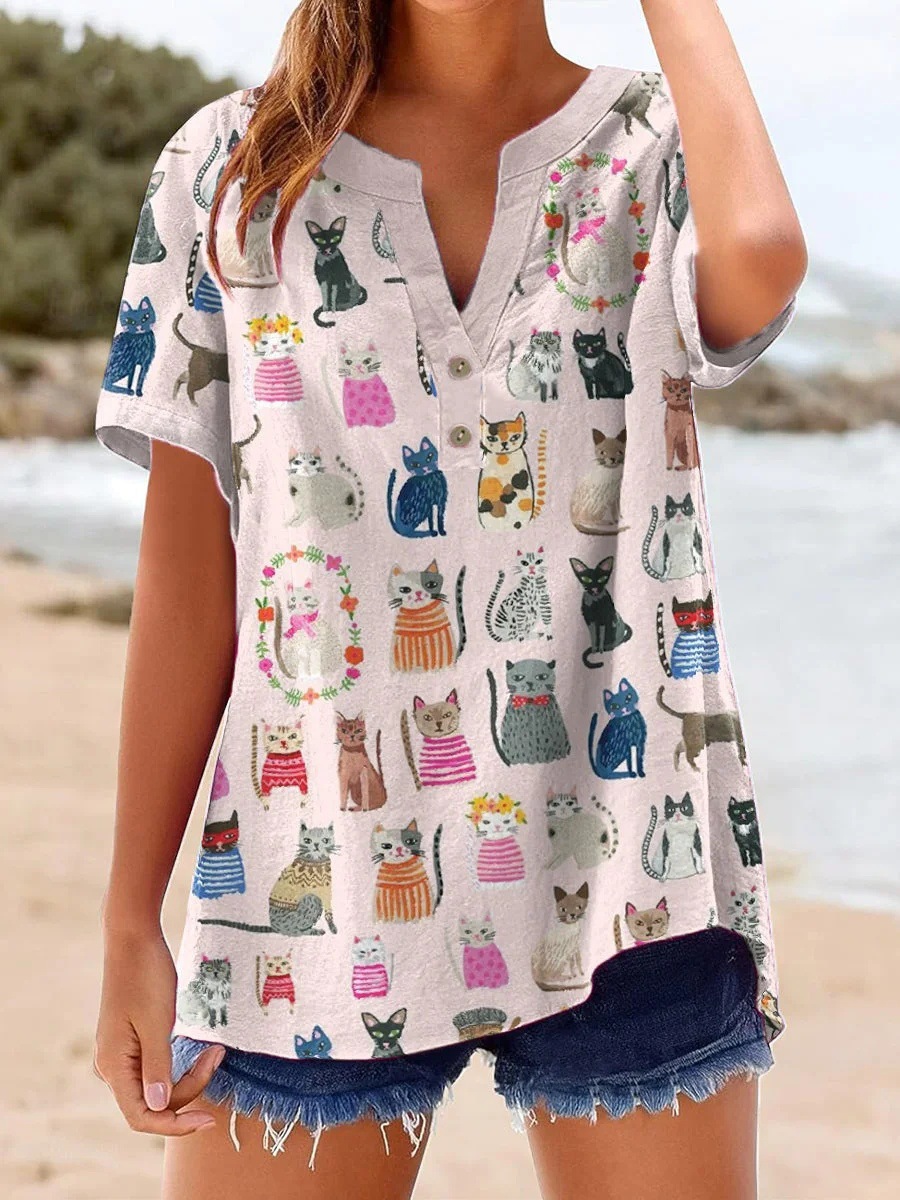 2026 Casual Short-Sleeved Women'S Summer Printed V-Neck Pullover 25-Year European And American Cross-Border New Style