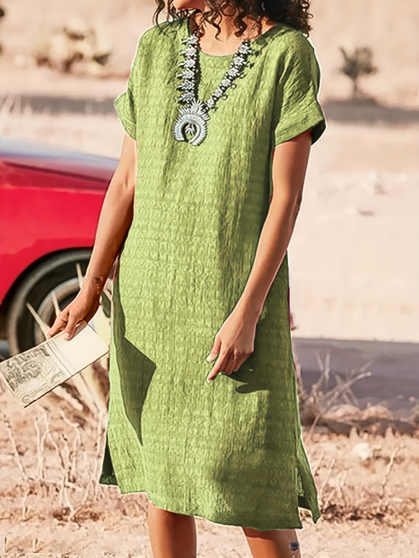 Women's Short Sleeve Casual Dress, Round Neck Side Slit Midi Dress
