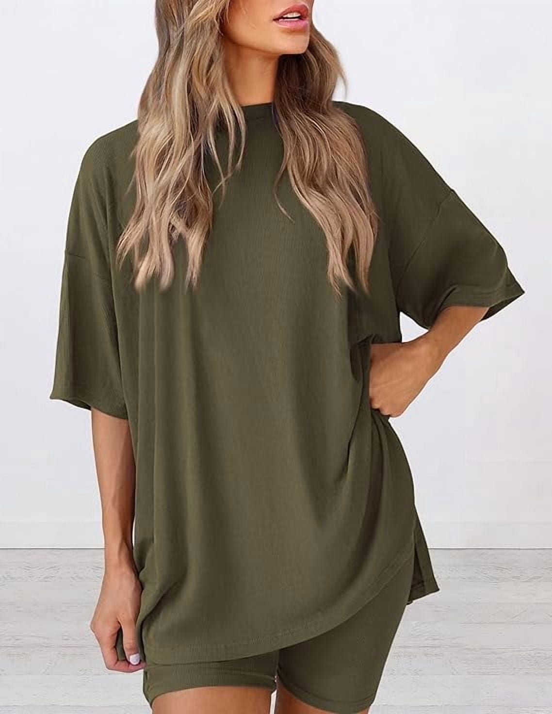 PRETTYGARDEN Women's Two Piece Lounge Set Summer Casual Oversized Shirts Biker Shorts Matching Airport Travel Outfit