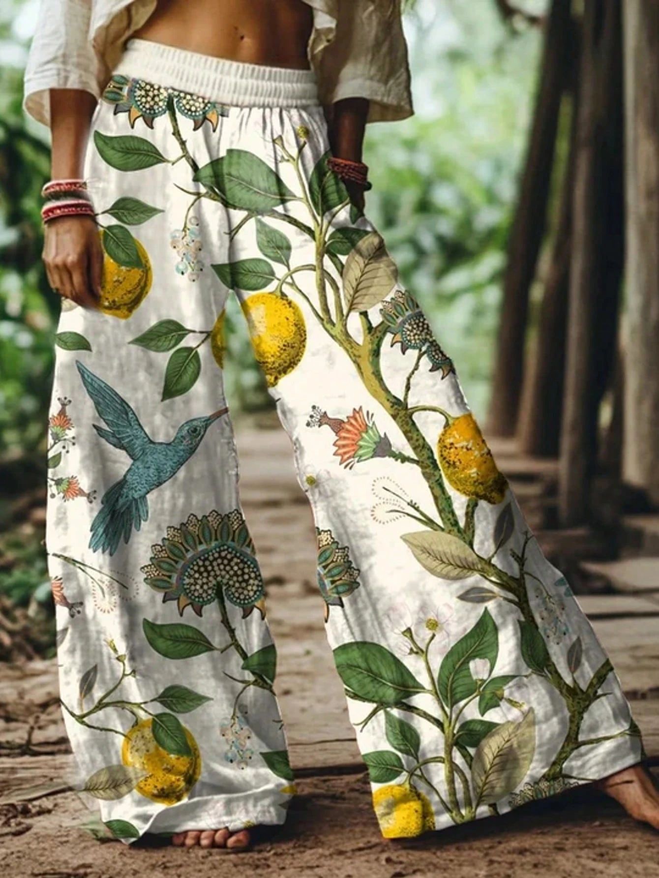Bohemian Floral Wide Leg Pants, Draped Printed Trousers, Vacation Style Loose Straight Casual Pants