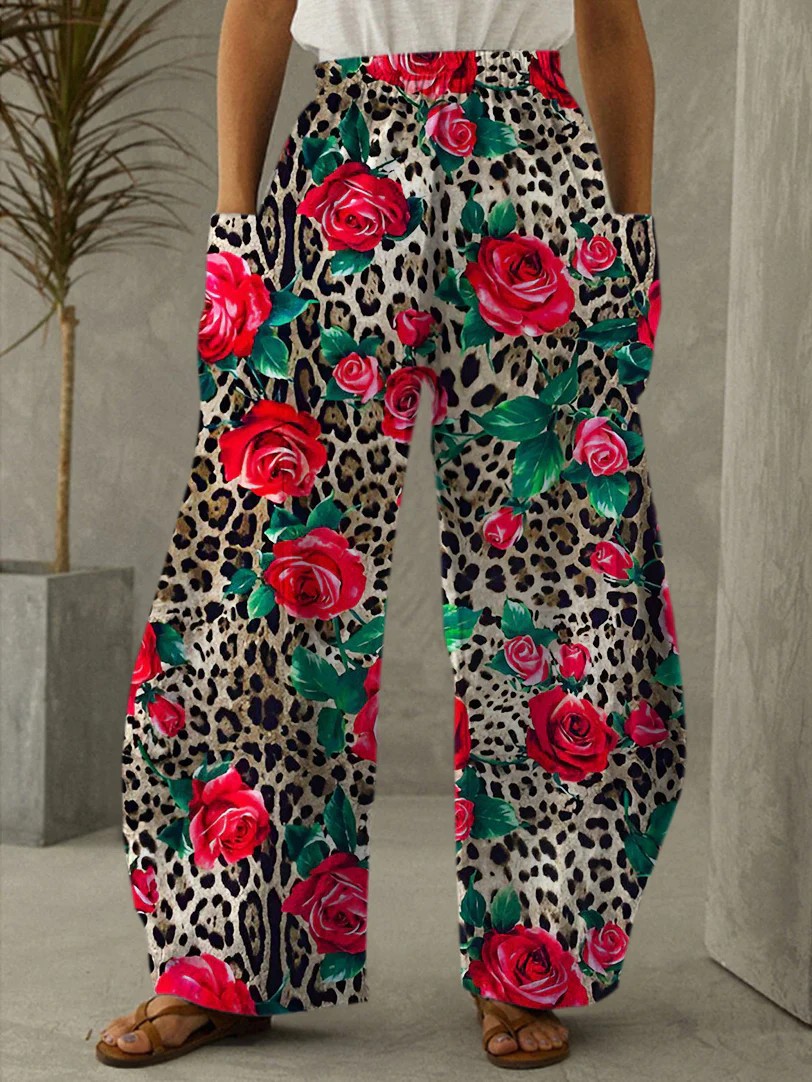 Women's Casual Wide Leg Trousers, Thin Loose Pants With Retro Floral 3D Print