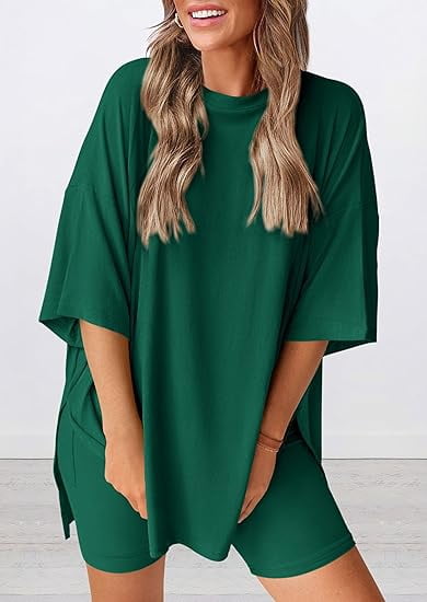 PRETTYGARDEN Women's Two Piece Lounge Set Summer Casual Oversized Shirts Biker Shorts Matching Airport Travel Outfit